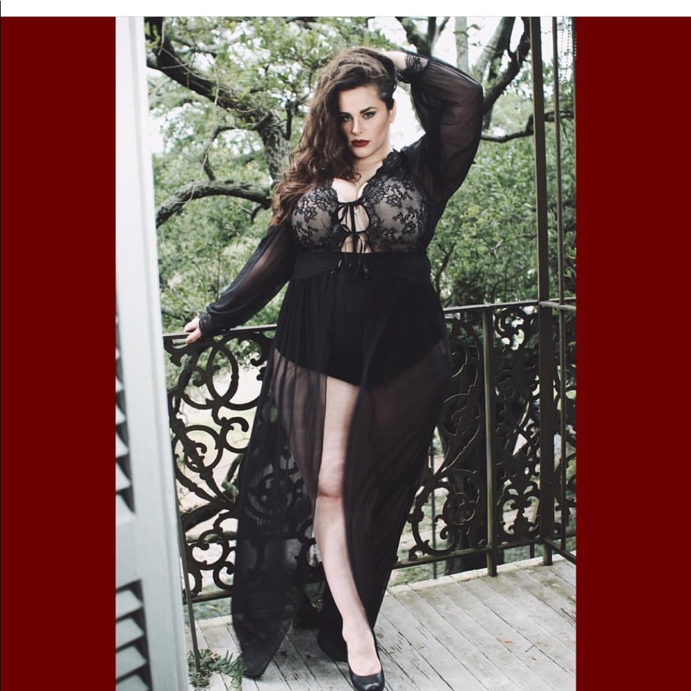 Long black lace and mesh robe